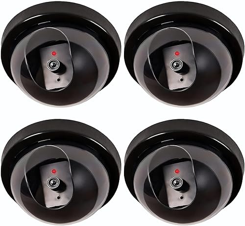 WALI cámara domo CCTV de seguridad falsa, 4 unidades, con luz led roja parpadeante con calcomanías de alerta de seguridad