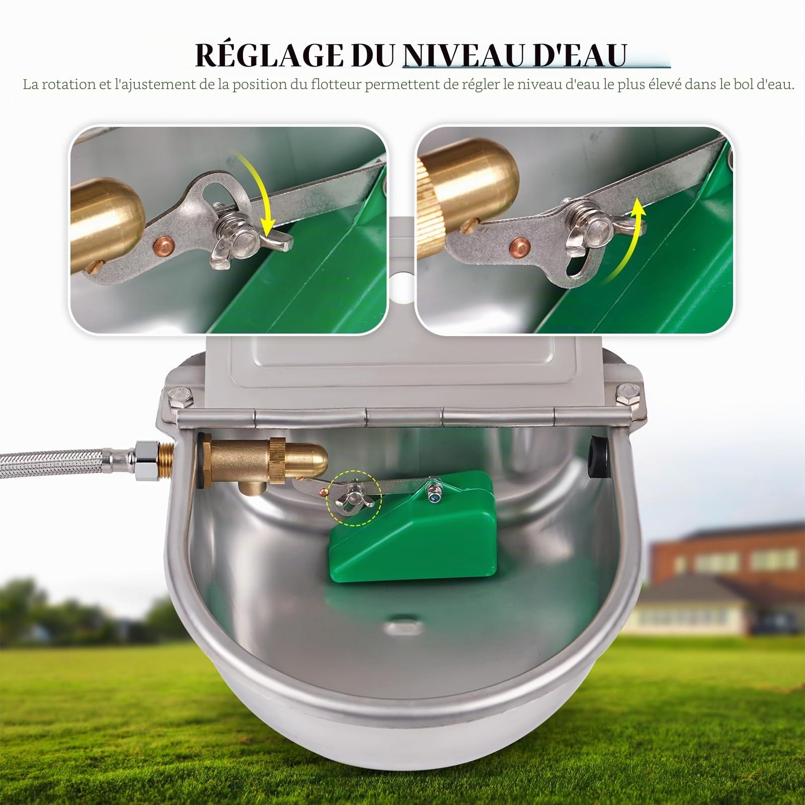 Abreuvoir automatique en acier inoxydable pour bétail avec valve flottante en laiton et tuyau tressé de 80 cm pour bovins, chevaux, moutons, chèvres, chiens, cochons