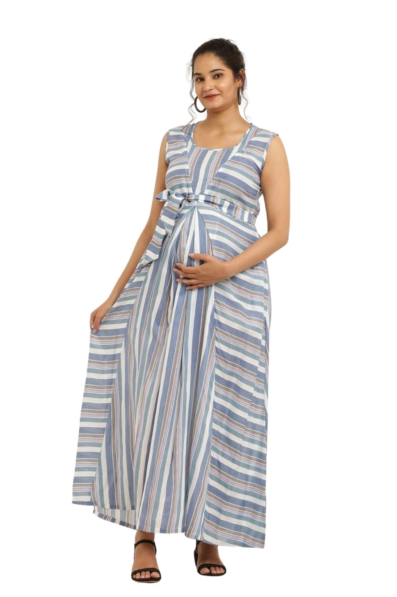 Cheerful Dusty Blue Striped Maternity & Nursing Dress for Women-image-36