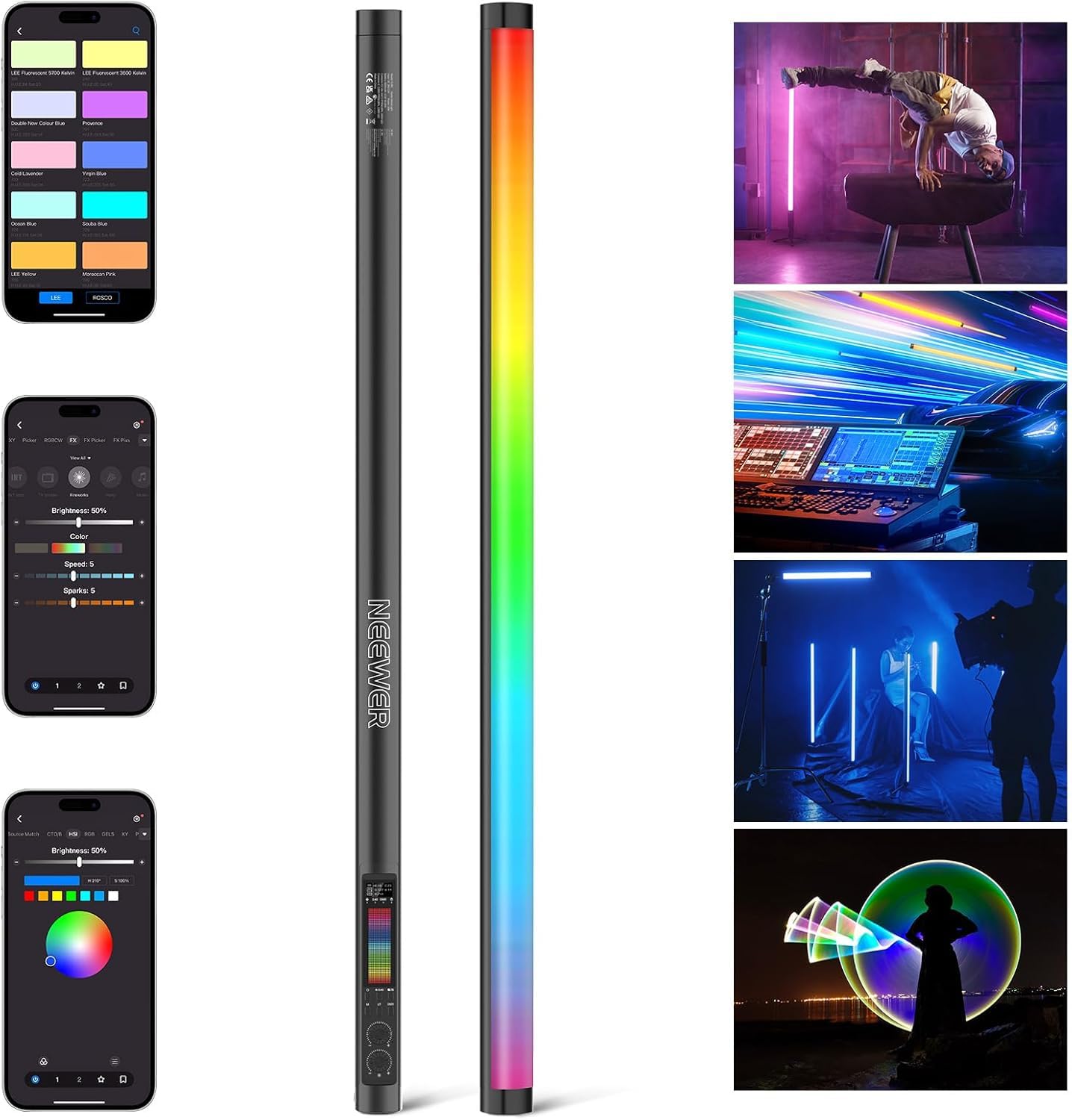 NEEWER TL60 RGB lampa świetlna, kolorowy RGBWW, lampa wideo, obsługuje sterowanie za pomocą aplikacji / 2,4G/DMX, 7 pikseli, 18 scen, 2500 K-10000 K CRI97+ TLCI98+, akumulator 3000 mAh
