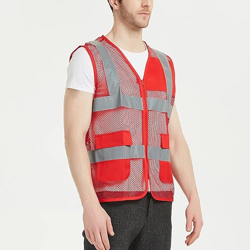 Miniatura 3 de TOPTIE Chaleco de voluntario unisex de malla grande de EE. UU., chaleco de seguridad con cremallera frontal con tiras reflectantes y bolsillos,
