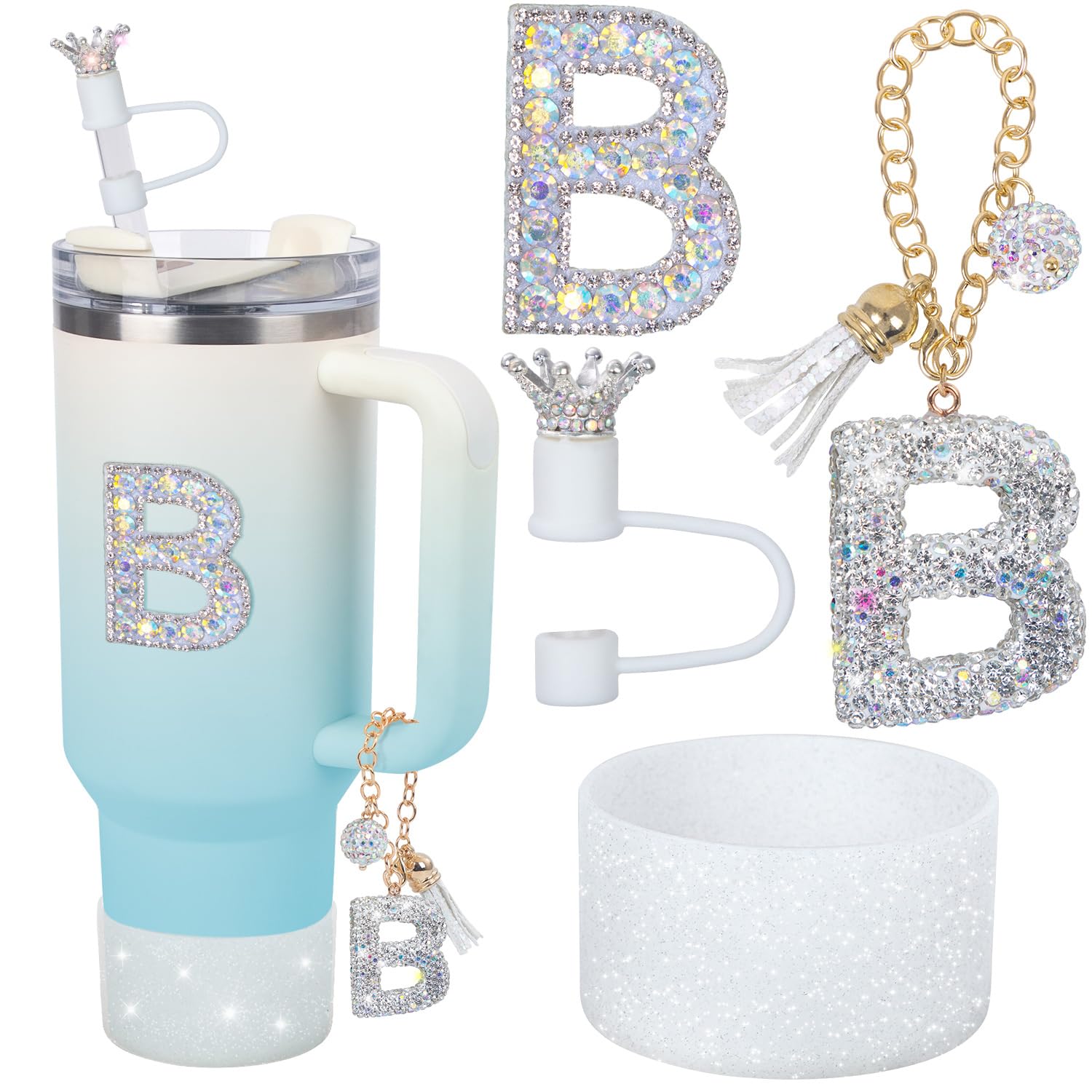 LA KEN DU Letter Charms for Stanley Cup Handle,Silicone Boot Accessories Charms for Stanley Cup 40oz 30oz,Crown Straw Cover Topper & Diamond Sticker (