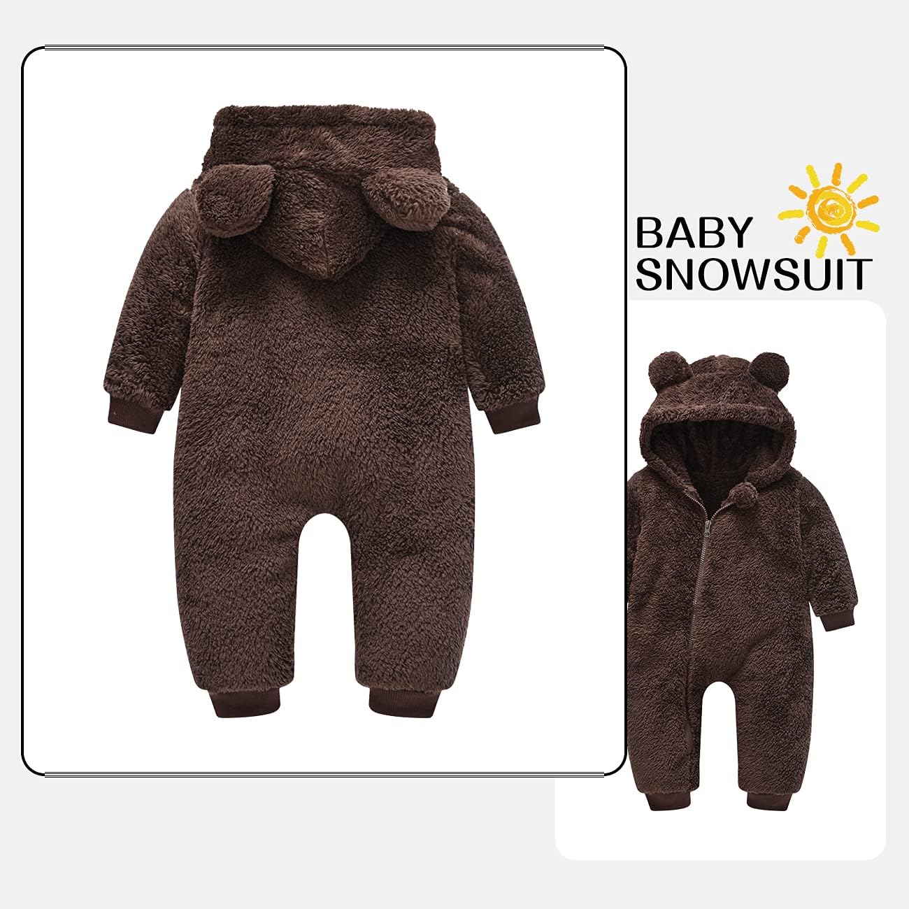 Baby Fleece Jumpsuits Infant Bear Ear Snowsuit Newborn Hooded Romper Warm Coat - Image 2