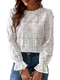 Women Eyelet Long Sleeve Tops Shirts Dressy Hollow Out Crochet Lace Embroidered Blouses 2025 Fashion