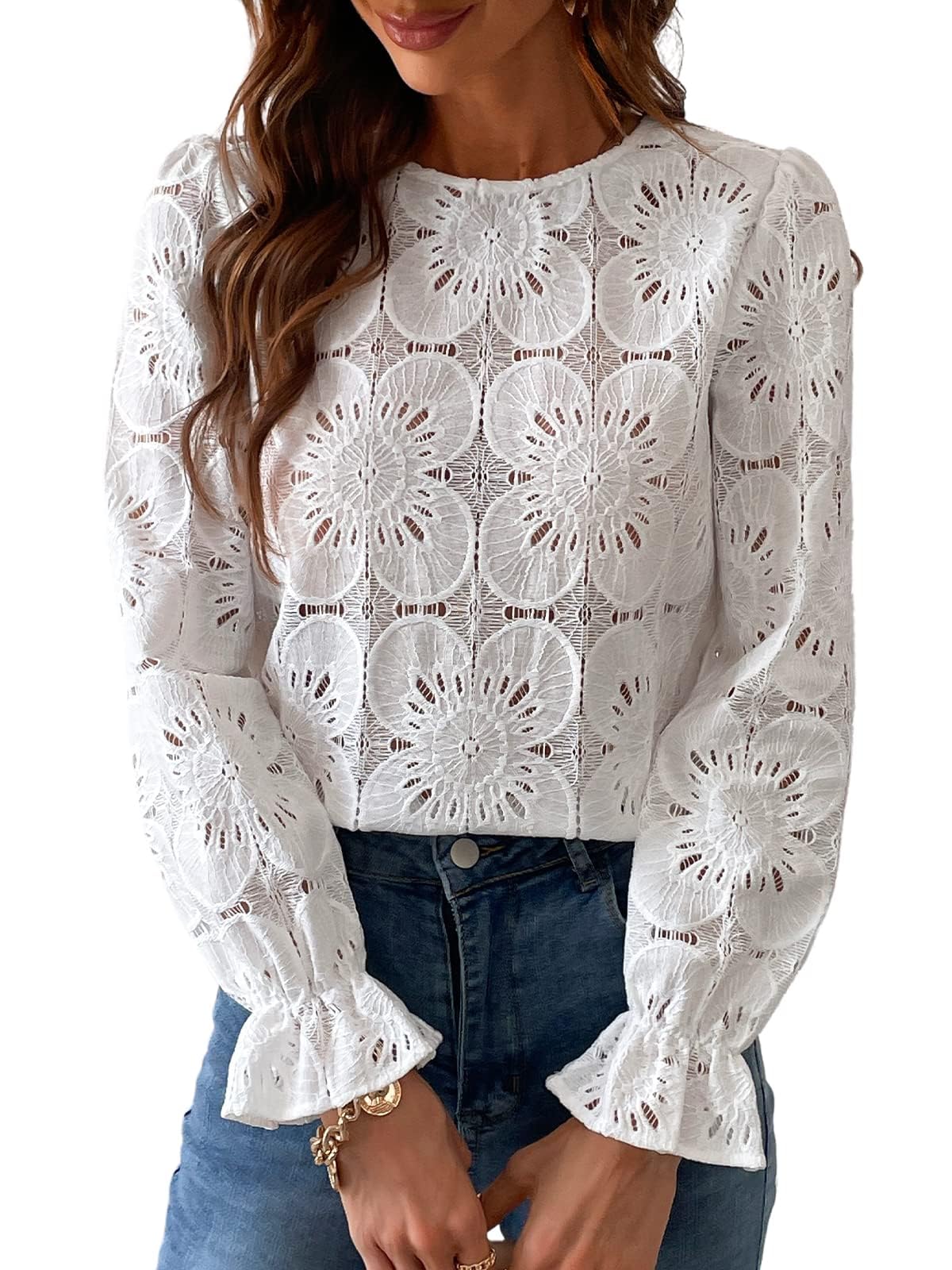 Women Eyelet Long Sleeve Tops Shirts Dressy Hollow Out Crochet Lace Embroidered Blouses 2025 Fashion