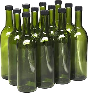 North Mountain Supply 750ml Champagne Green Glass Bordeaux Wine Bottle Flat-Bottomed Screw-Top Finish - With 28mm Black Plastic Lids - Case of 12