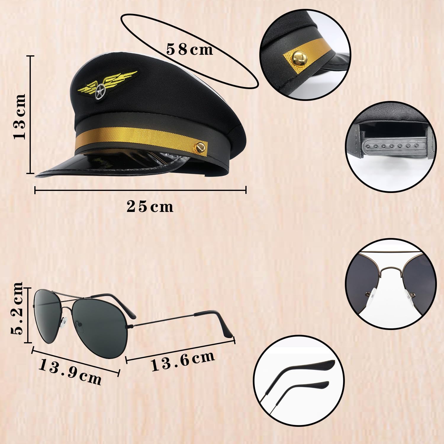 BORFUE 2Pcs Halloween Pilot Costume Set Adjustable Captain Hat Sunglasses Costume Accessories for Adults Teenager Cosplay Dress up Party - Image 3