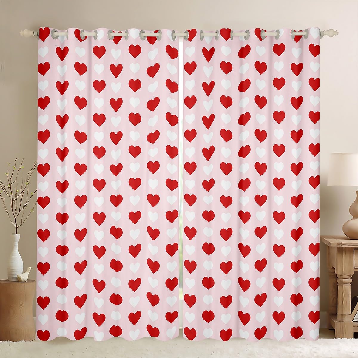Homemissing Love Heart Blackout Curtains for Kids, Red White Darkening Drapes With Cute Pattern for Valentine's Day (2 Panels