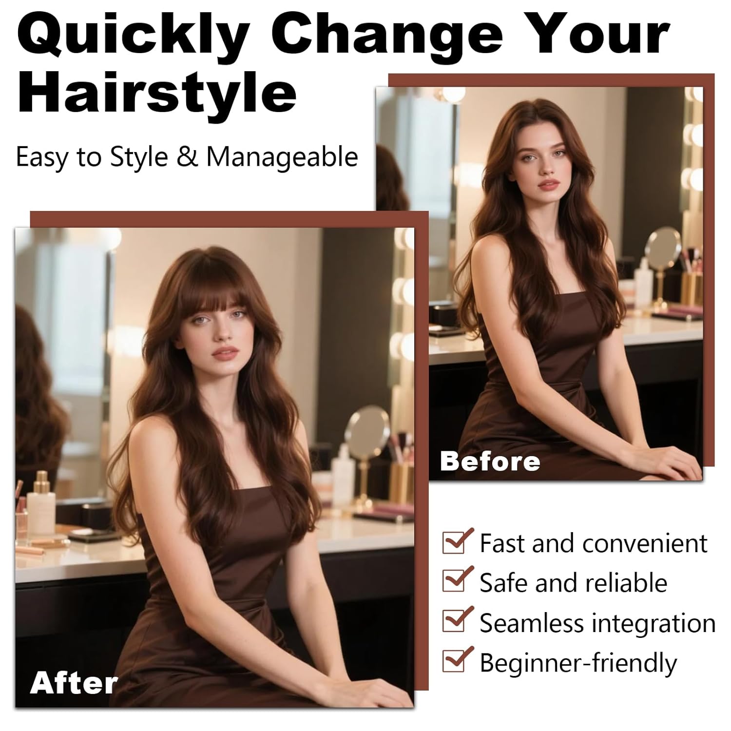 KUNAL 2 PCS Clip in Bangs,100% Human Hair Clip On Bangs,Dark Brown Natural Curtain Fringe with Temples,Soft Layered Faux Bangs for Women Daily Wear - Image 5