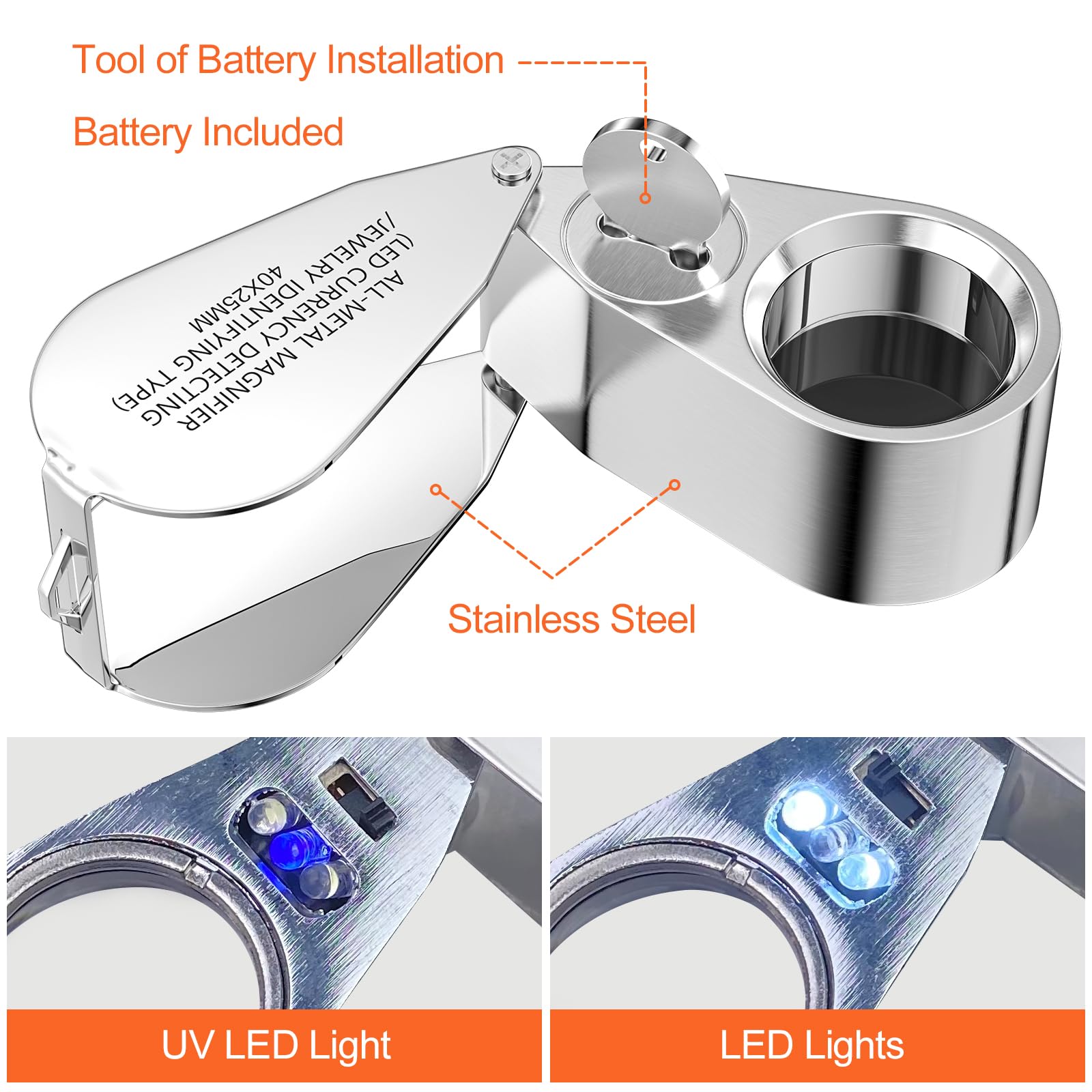 Uootach Lente D'ingrandimento 40x con LED UV, Pieghevole in Metallo per Gioielli Artigianato