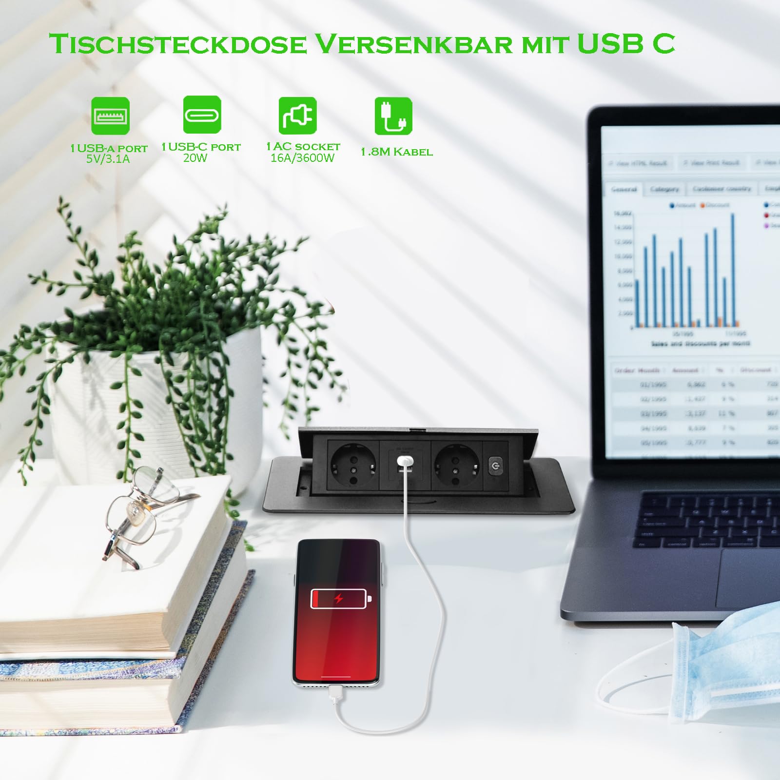 Enchufe retráctil, enchufe empotrable con tipo C de carga rápida de 20 W | Enchufe de mesa Pop Up con USB, con interruptor, cable de 1,8 m, para encimera de cocina y escritorio