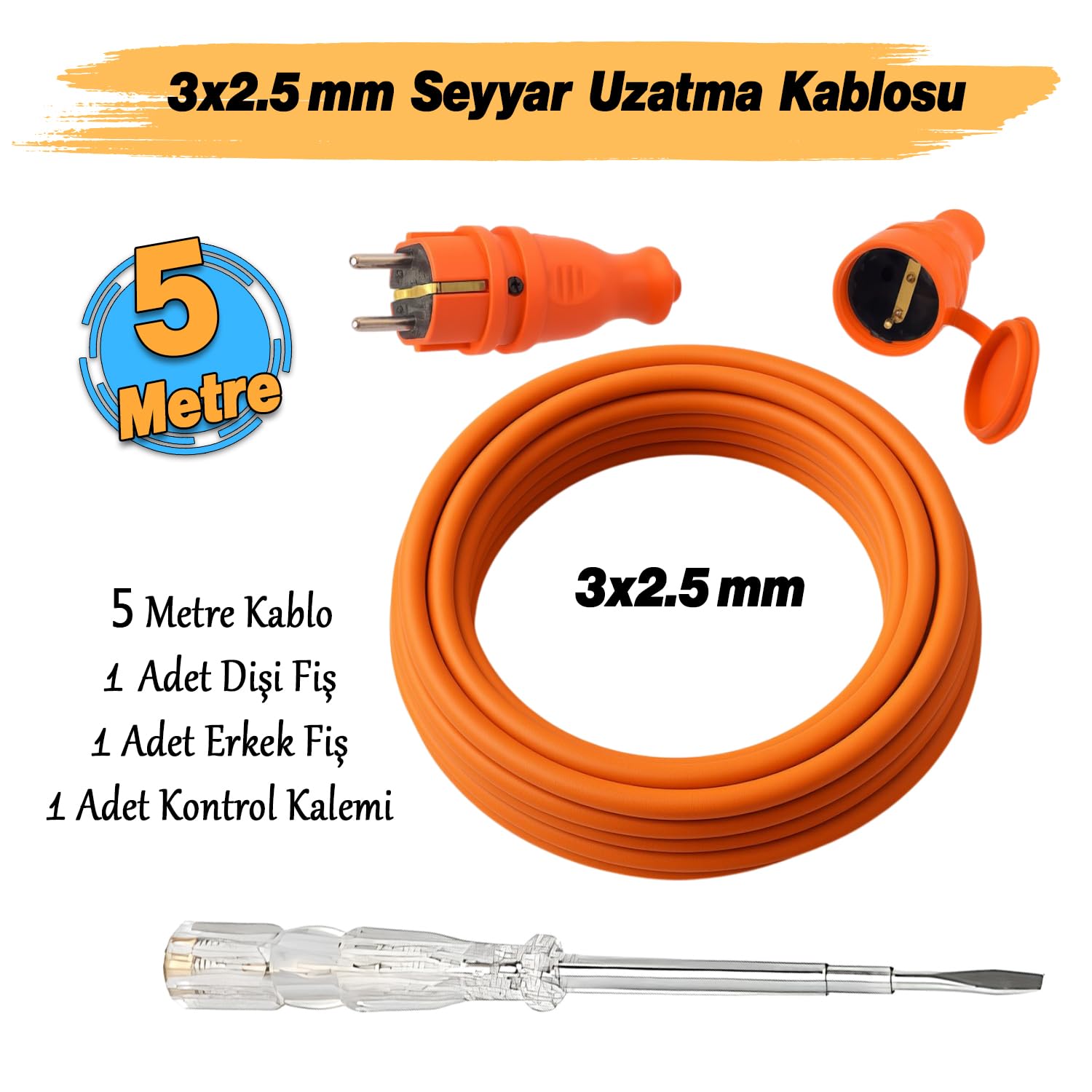 Seyyar 5 Metre Uzatma Kablosu TTR CCA Çok Telli 3x2.5 mm Elektrik Kablo Kontrol Kalem Dişi Erkek Fiş