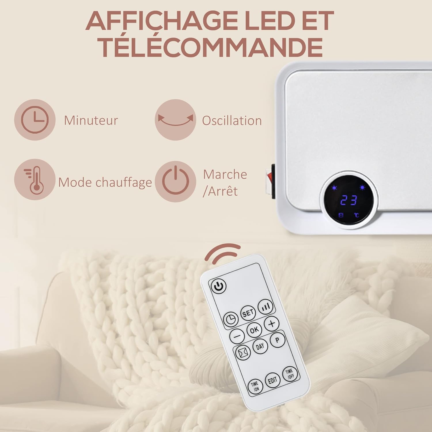 HOMCOM Wall Heater remote control and LED display functions