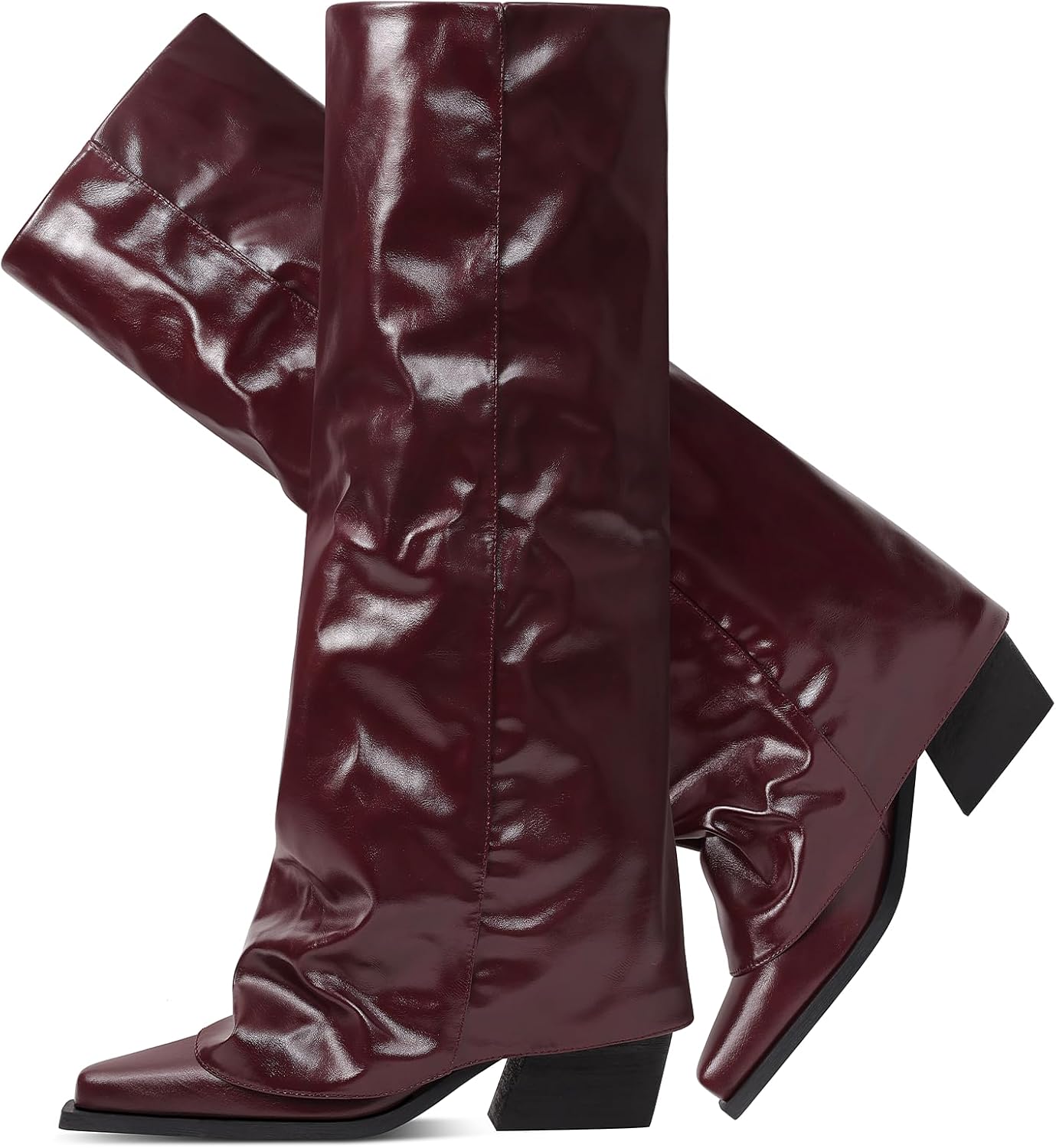 Women's Fold Over Knee High Boots Wide Calf Chunky Heel Long Boots Women Pointed Toe Dress Tall Boots for Women Slouchy Shark Boots - Image 7