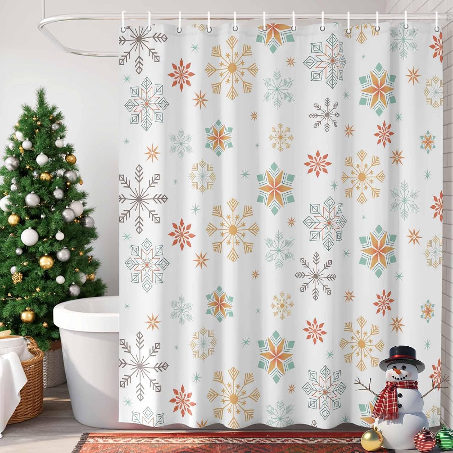 Christmas Snowflake Shower Curtain Set - Extra Long Waterproof Shower Curtain 72 x 78 Inch, Xmas Yellow Teal Snow Winter Holiday Polyester Fabric Bathroom Curtains with 12 Hooks, Bathroom Accessories