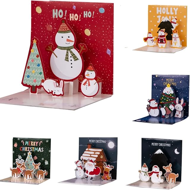 Handmade Merry Christmas Pop Up Card, Handmade 3D Popup Greeting Cards for Christmas, Pop Up Christmas Cards, Christmas Card 3D with 6 Envelopes for Holiday PostCards Christmas Day Gifts
