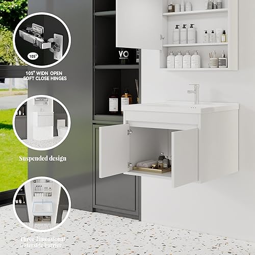 Miniatura 200 de Tocador de baño de 20 pulgadas con lavabo de cerámica, tocador de baño pequeño montado en la pared con puerta de cierre suave, gabinete flotante