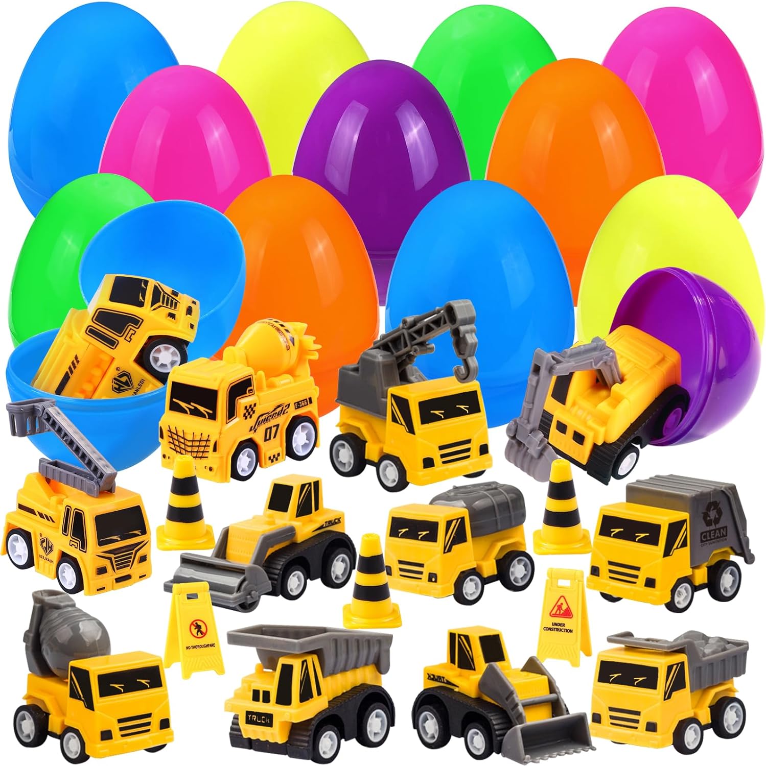 12pcs Prefilled Easter Eggs with Toys Plastic Easter Eggs Pull-Back Engineering Vehicles with small signpost Easter Basket Stuffers with cars Easter Egg Hunt Filler Classroom Party Favor