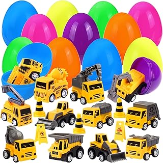 12pcs Prefilled Easter Eggs with Toys Plastic Easter Eggs Pull-Back Engineering Vehicles with small signpost Easter Basket Stuffers with cars Easter Egg Hunt Filler Classroom Party Favor
