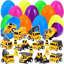 12pcs Prefilled Easter Eggs with Toys Plastic Easter Eggs Pull-Back Engineering Vehicles with small signpost Easter Basket Stuffers with cars Easter Egg Hunt Filler Classroom Party Favor
