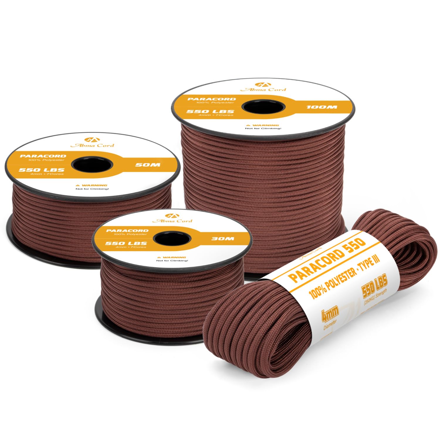Abma Cord 550 Paracord 4mm 15m Rope 7 Strands Type III Parachute Cord for Crafting, Camping, Survival, Outdoor - Max. 250kg - Chocolate Brown