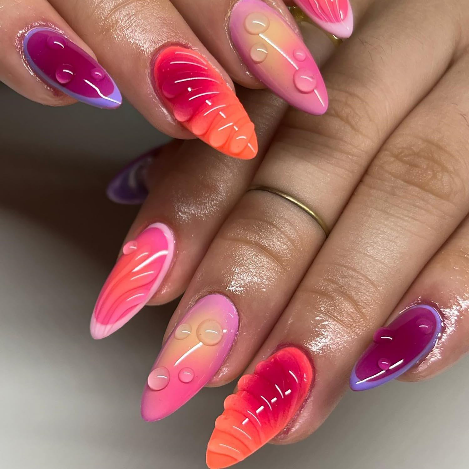 Press on Nails Medium Length Almond 3D French Manicure