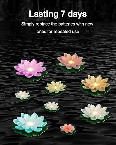 Miniatura 6 de LOGUIDE Luces flotantes para piscina, luces LED de loto flotantes multicolor con luces, funciona con pilas, luces flotantes impermeables para