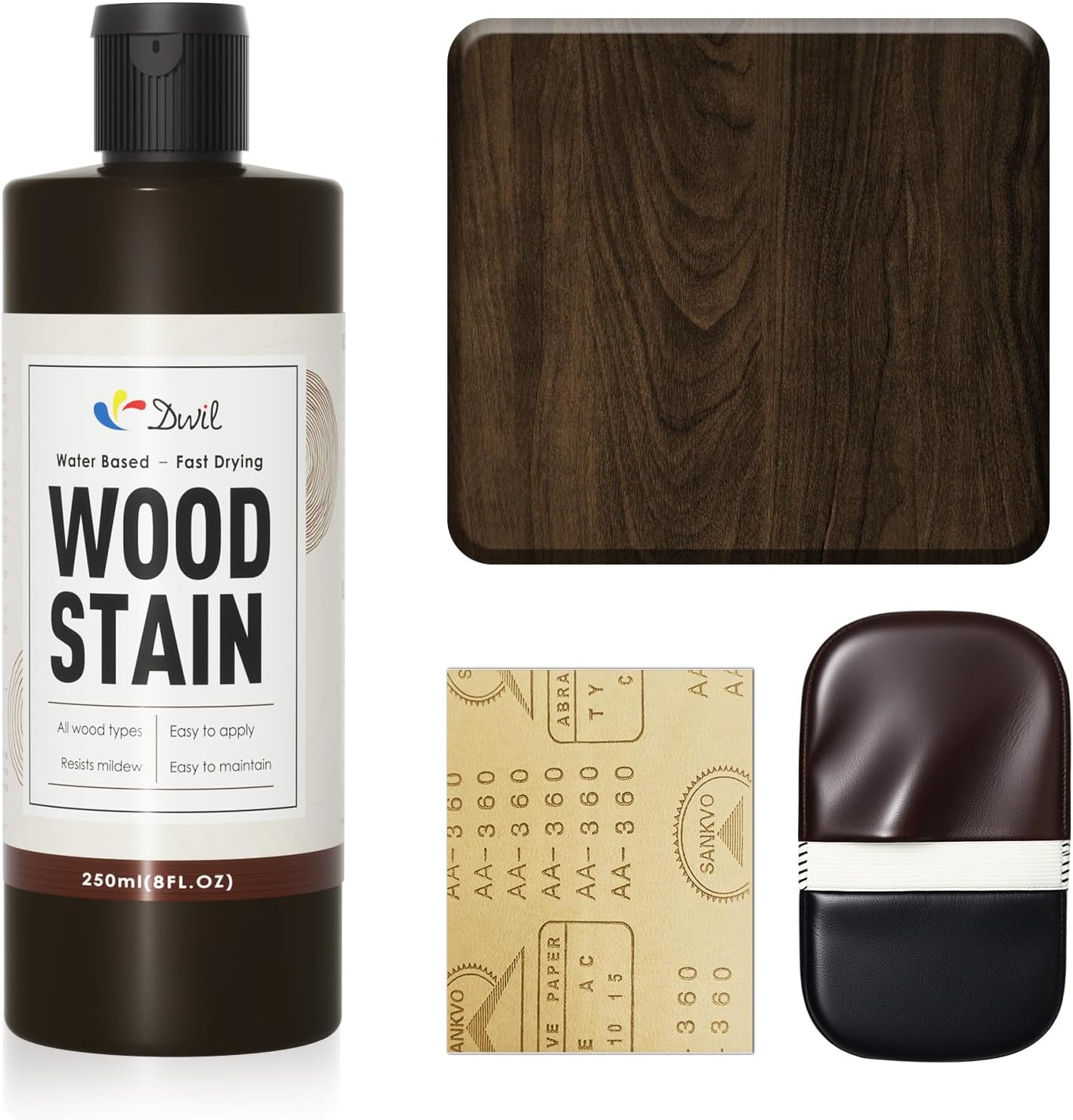 DWIL Water Based Wood Stain - Multiple Finishes, Fast Drying, Indoor and Outdoor Furniture, Wood Paneling, Cabinets and More, Low Odor ＆ Non-Toxic (8.5oz Teak)