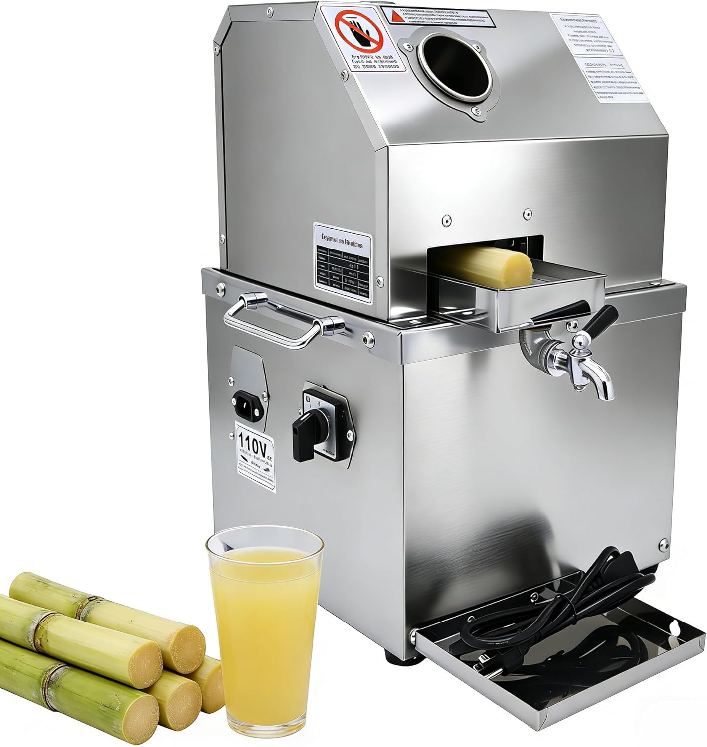 110V Electric Sugar Cane Juicer Machine, 800W Stainless Steel Desktop Sugarcane Press Juicing Crusher Extractor, with 3 Rollers for Home and Commercial