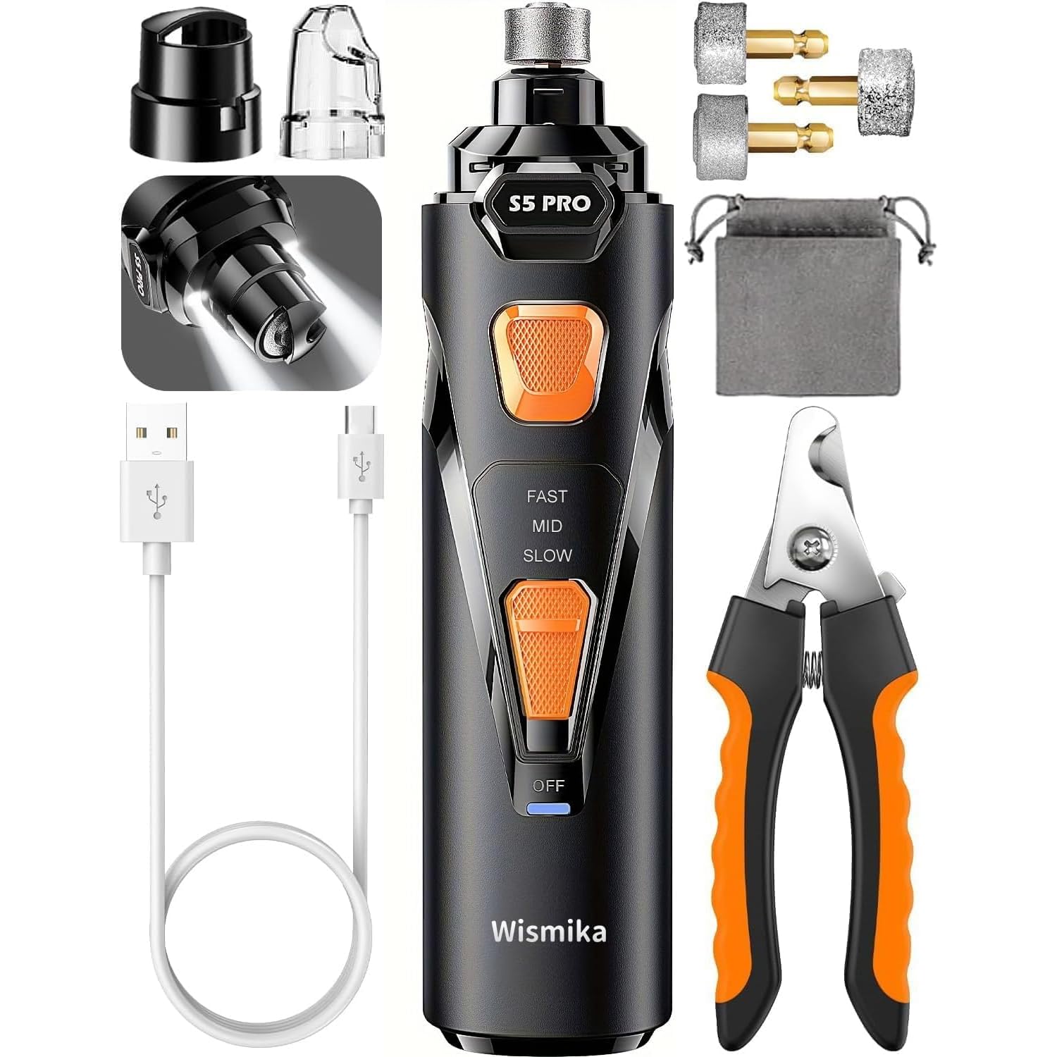 Krallenschleifer für Hunde mit 4 LED-Leuchten,3 Geschwindigkeiten Neuester Nagelfräse mit Krallenschere, Superleise, Wiederaufladbar für Hunde und Katzen Aller