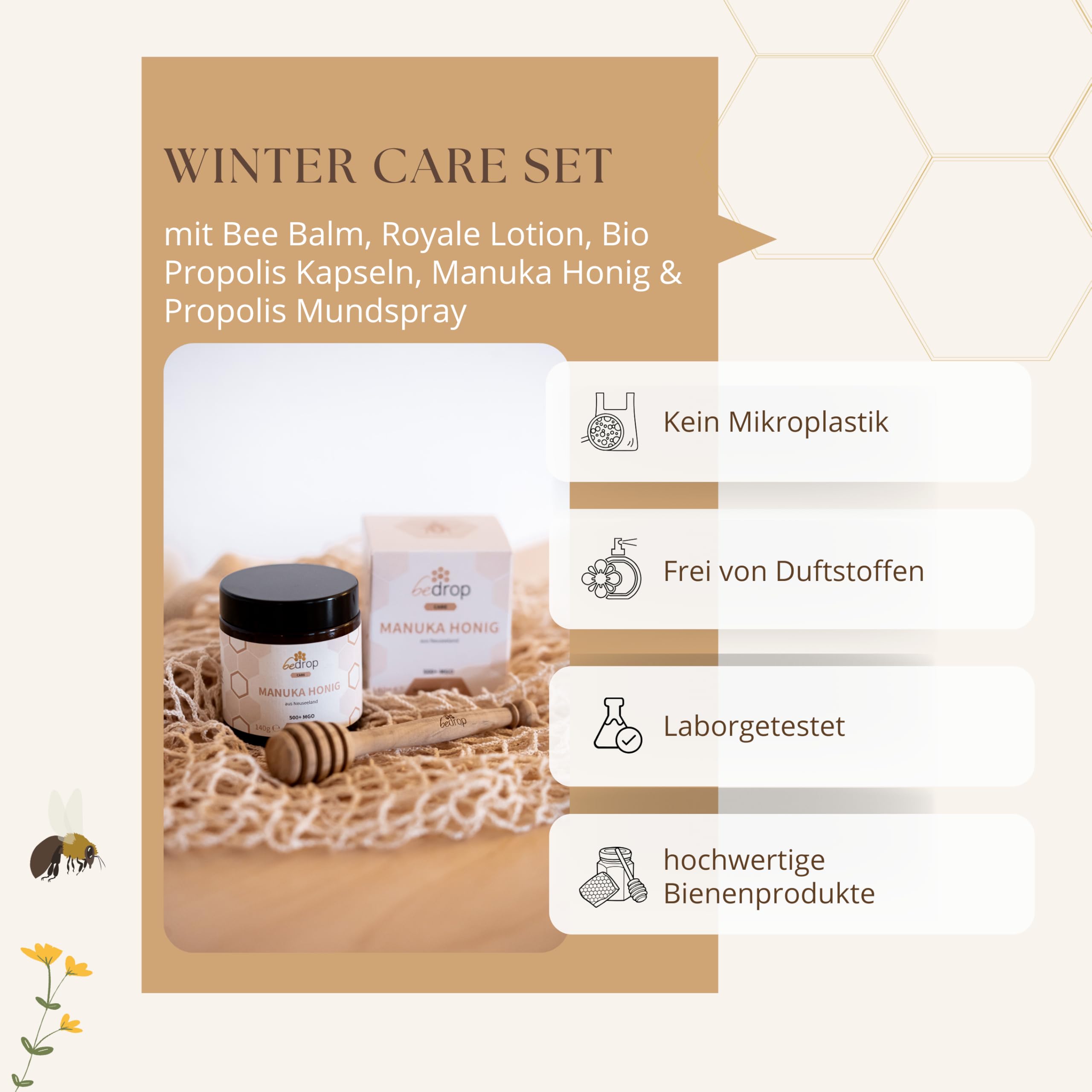 bedrop | Winter Care Set | Bee Balm, Propolis Kapseln, Royale Lotion, Manuka Honig 140g & Manuka Anis Spray für das Wohlbefinden