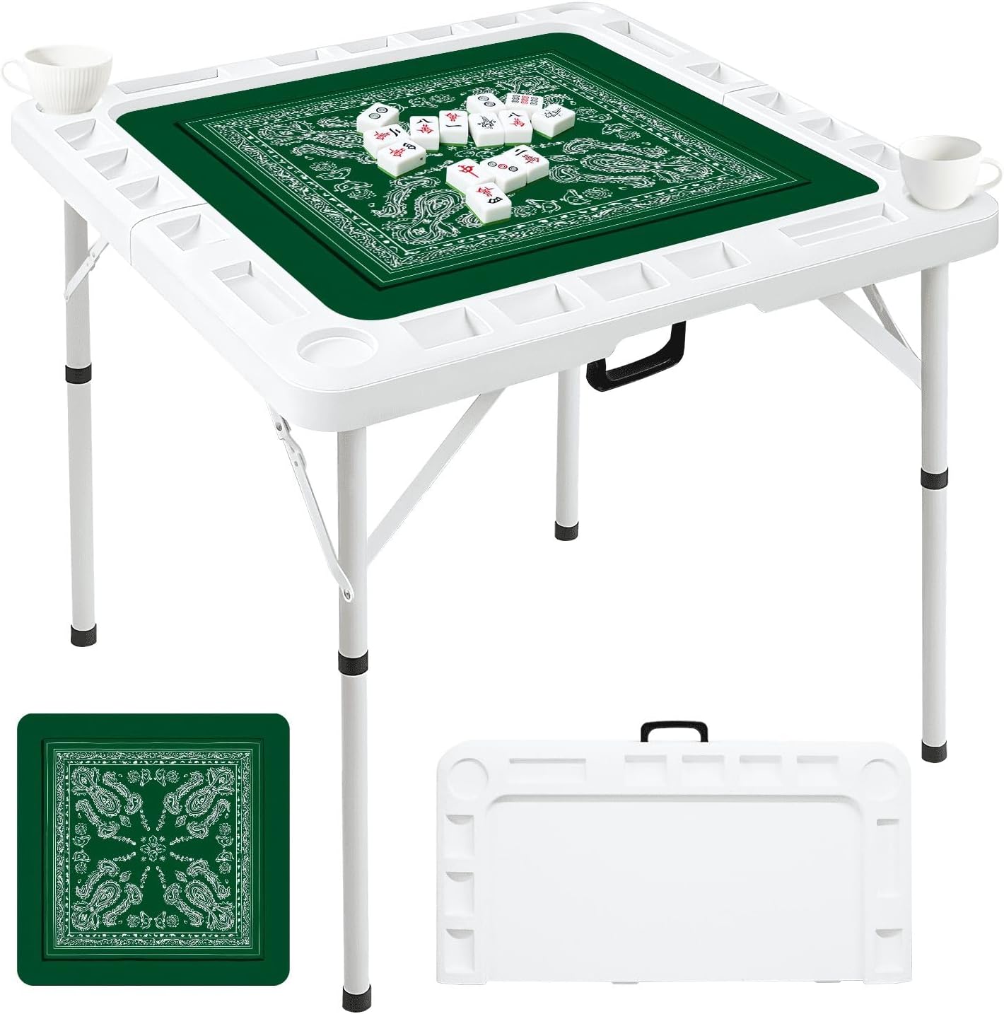 Folding Mahjong Table with Green Paisley Bandana Intricate White Detailing Wear-Resistant Mahjong Mat, 4 Cup Holders & Chip Trays for 4 Players Square Portable Card Table for Poker Domino