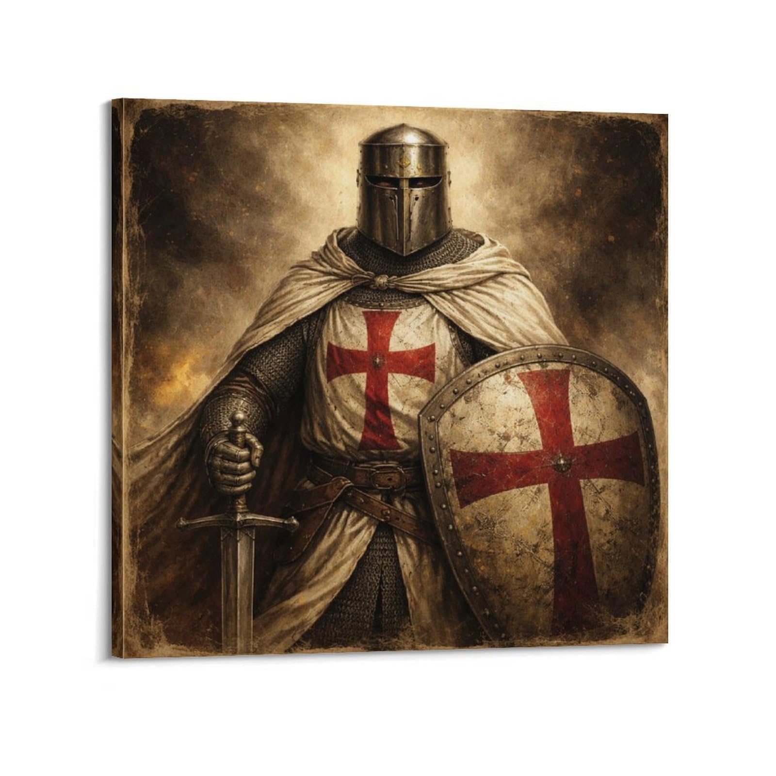 XKUGA Vintage Visor Crusader Shield Poster Knight Red Cross Armor Modern Decorative Canvas Prints - Ideal Wall Art for Family, Man Cave, Game Room, Boys & Girls Bedroom 16x16inch(40x40cm)
