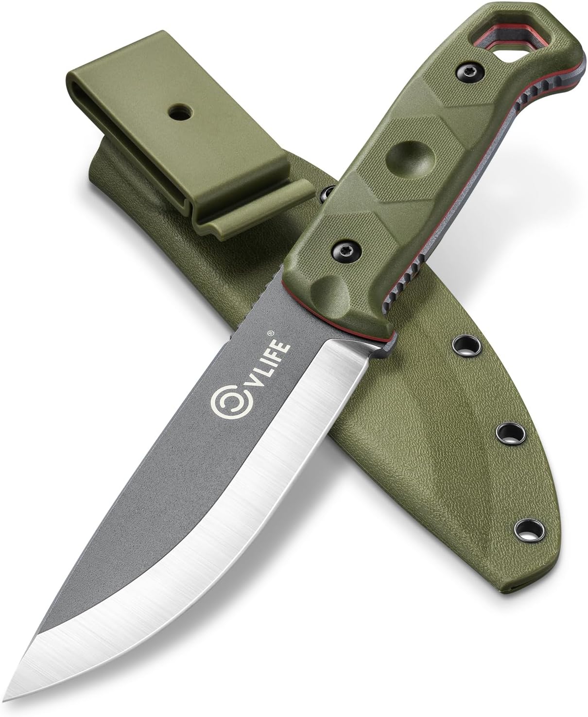 CVLIFE Fixed Blade Knife with Sheath, 5.1" Full Tang D2 Steel Hunting Knife for Men, Heavy Duty Bushcraft Survival Gear, Outdoor Camping Tools, Non-Slip Nylon Fiberglass Handle, Green