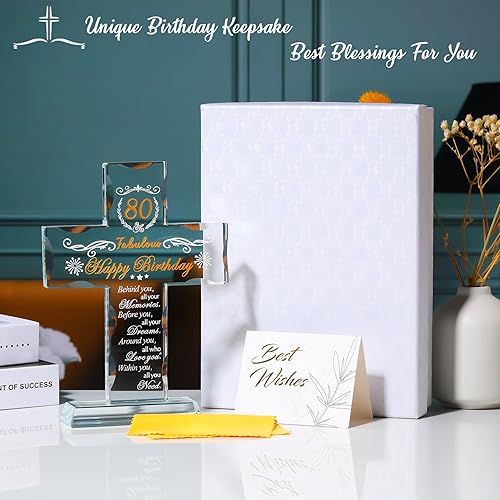 Miniatura 5 de Regalos religiosos de 80 cumpleaños para mujeres, hombres, amigos, abuela y mamá, soporte de cristal grabado con cruz de 80 años de bendición de