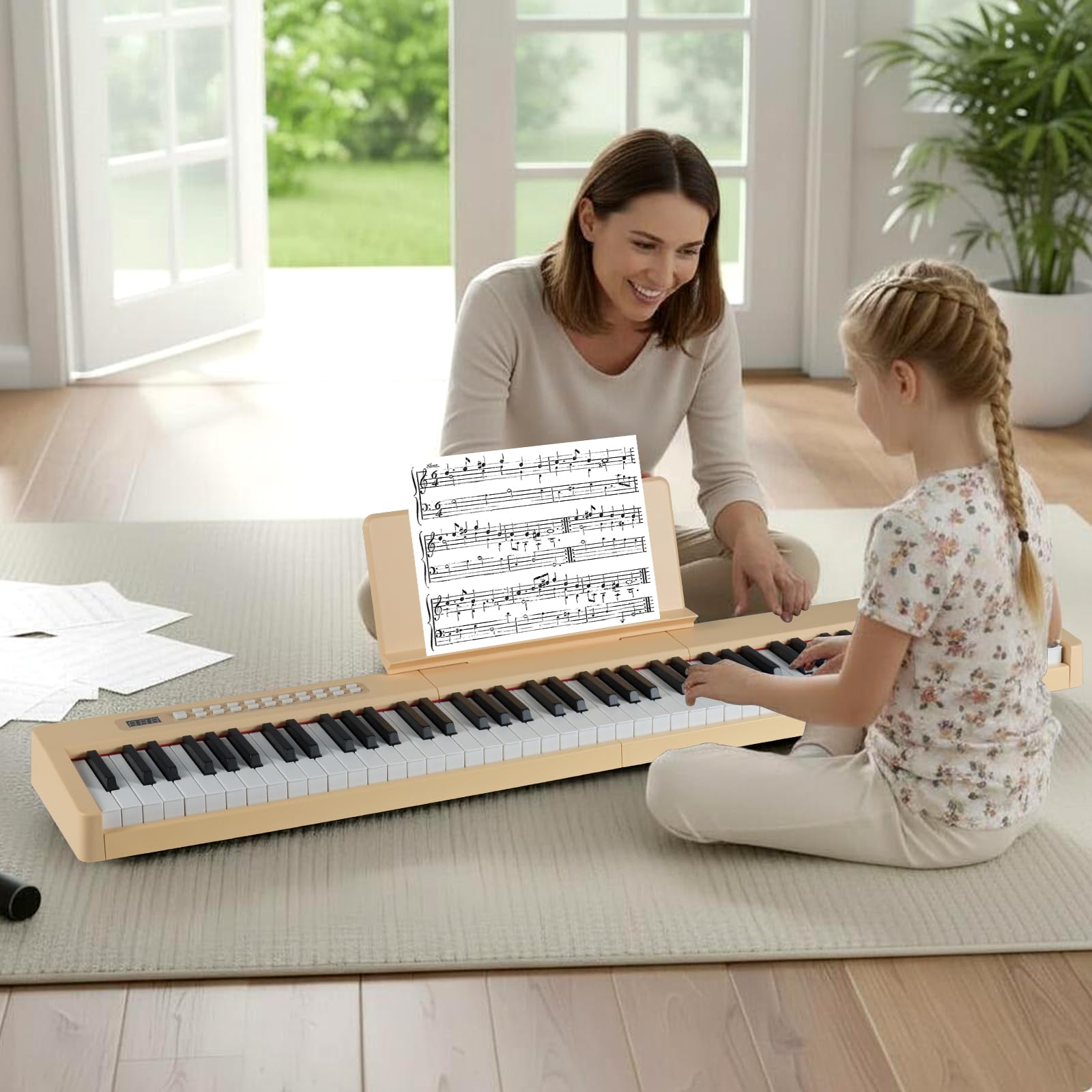 COSTWAY Teclado Plegable de 88 Teclas, Piano Eléctrico Portátil Sensible a la Velocidad, Piano Digital de Tamaño Completo, MIDI, Pedal de Sostenido, Soporte para Música y Bolsa de Transporte (Natural)