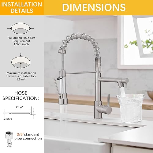 Miniatura 6 de BESy Grifo de cocina con rociador extraíble, mango único de arco alto, resorte de una sola palanca, grifo de fregadero de cocina con rociador