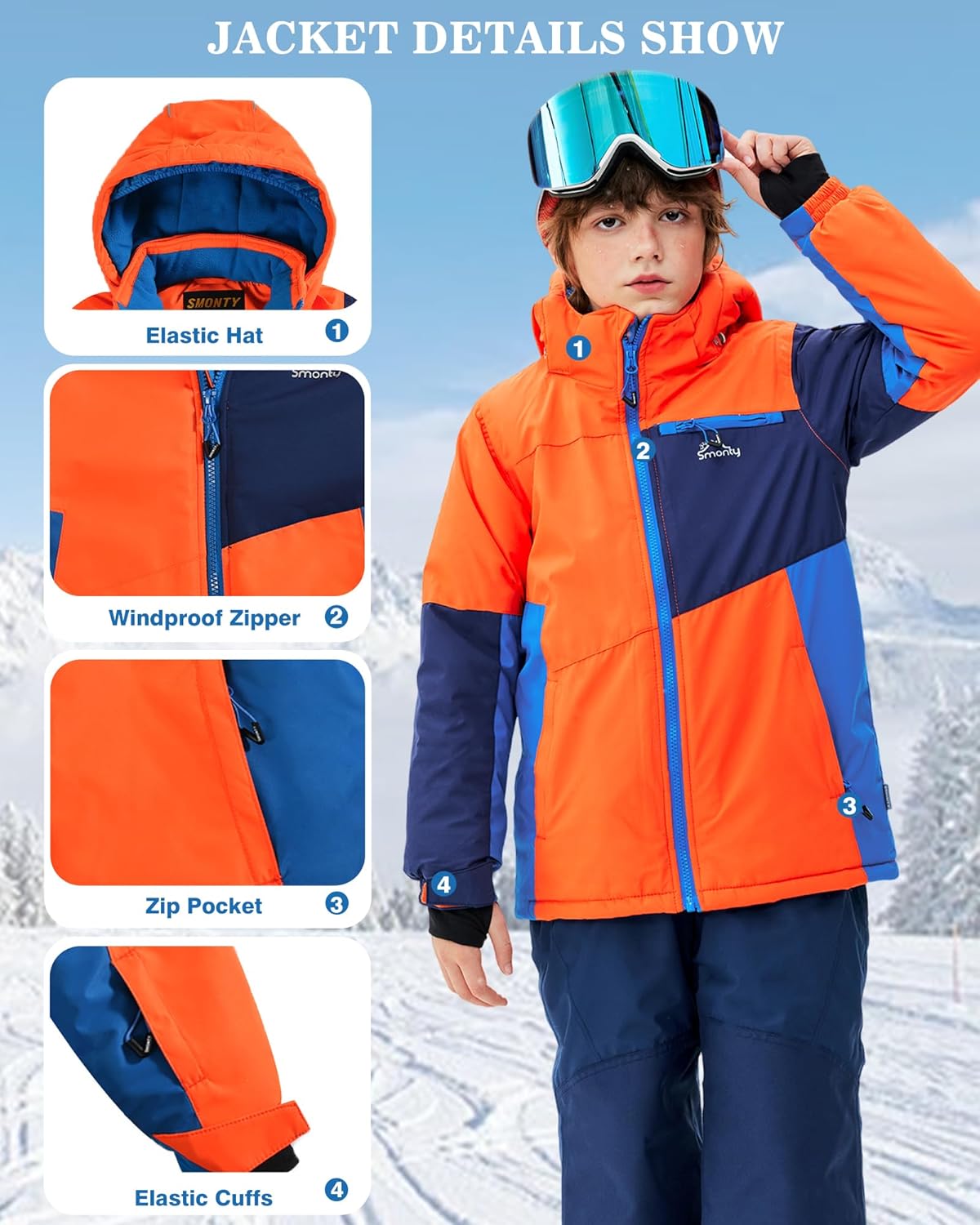 SMONTY Kids Winter Ski Jacket Boys Girls Waterproof Windproof Snowboard Warm Snow Outdoor Hooded Coat - Image 4