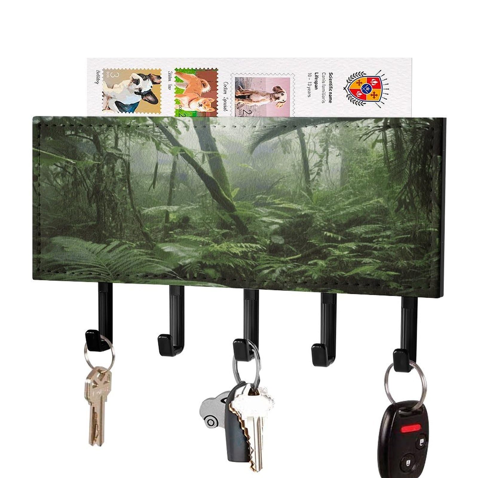 FekiLoot Tropical Rainforest Key Holder for Wall Decorative Mail Organizer with 5 Key Hook Self Adhesive Key Rack with Tray Coat Rack Wall Mount Key Hanger Decor for Entryway Door