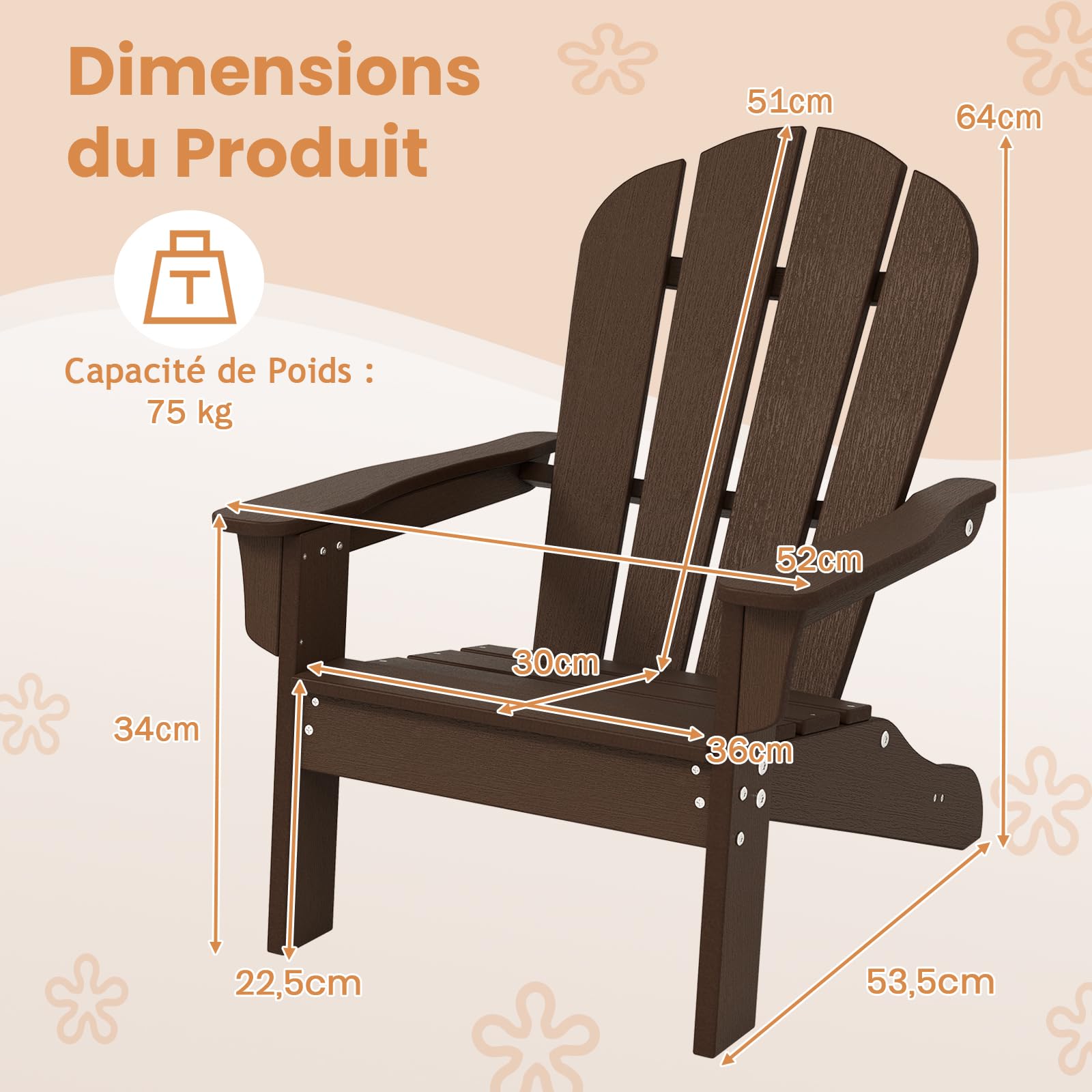GOPLUS Chaise Adirondack Exterieur pour Enfants, Fauteuil de Jardin en HDPE Résistante aux Intempéries avec Large Siège, Dossier & Accoudoirs, Angle à 105°, Enfant pour 3-8 Ans,Charge 75KG (Marron)
