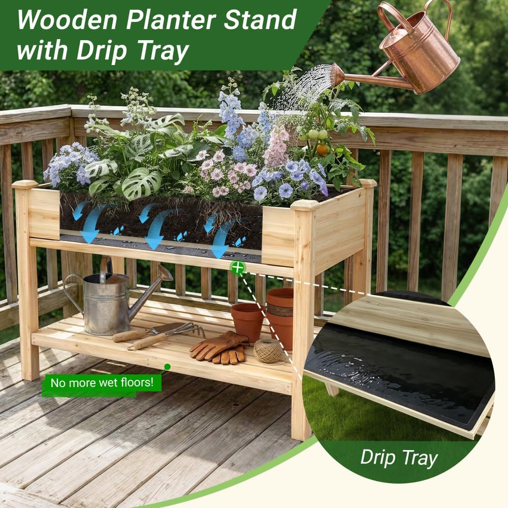 48x23x31 Inches Raised Garden Bed with Legs, Elevated Natural Wood Planter Box with Water Collection Tray, Storage Shelf, Liner & Drainage Holes for Vegetables Herbs Flowers