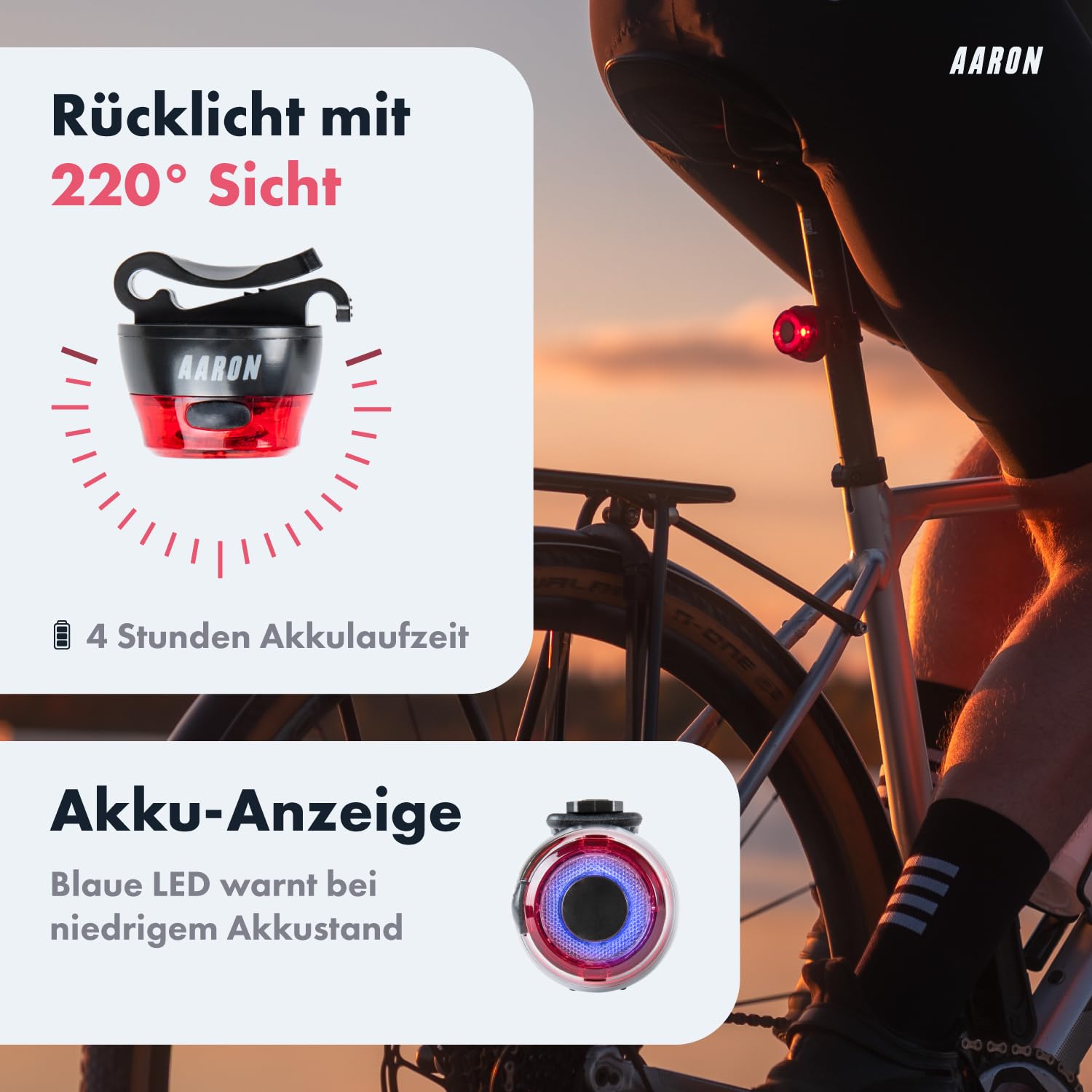 AARON Fahrradlicht Set 100 LUX / 50 LUX für Stadtpendler & E-Bike-Fahrer, StVZO zugelassen, USB aufladbar, Fahrrad Licht Set regenfest - Fahrradbeleuchtung - Beleuchtung Fahrrad für vorne + hinten