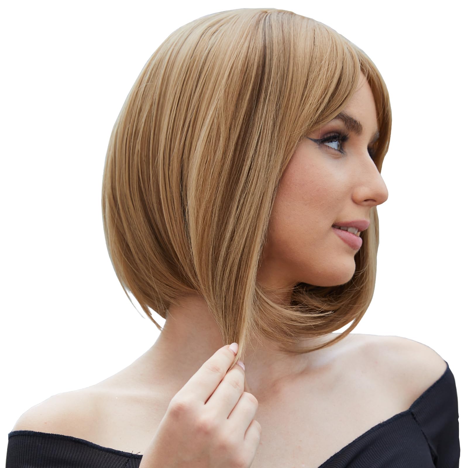 Onpep Bob Wig with Bangs Brown Highlight Short Straight Natural Looking Wigs for Women Shoulder Length Heat Resistant Synthetic Blonde Wigs