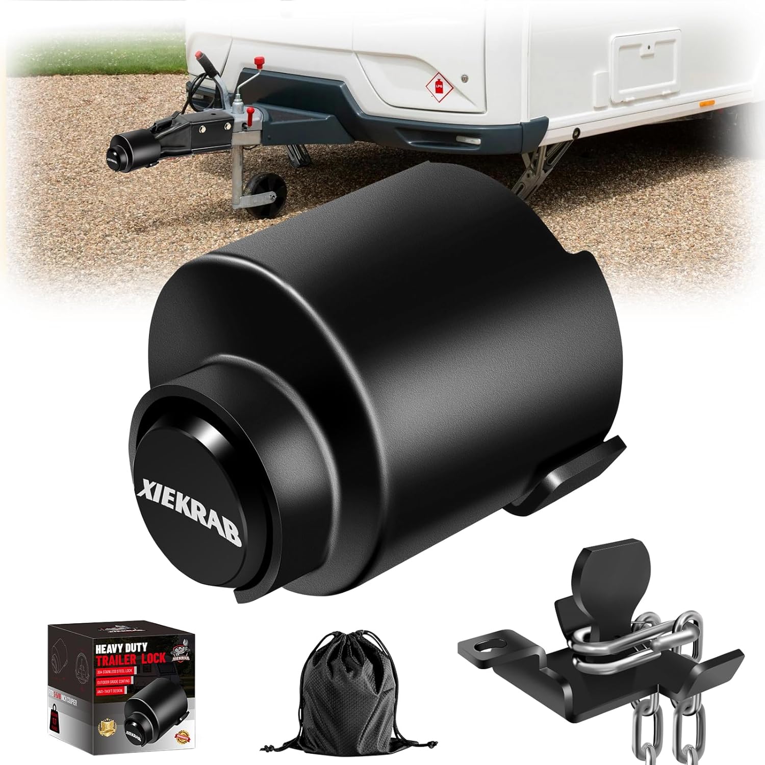 2-5/16” Trailer Coupler Lock, Heavy-Duty Anti-Theft Trailer Hitch Lock with 304 Stainless Steel Core, Fits RV, Boat, Utility & Cargo Trailers, Black