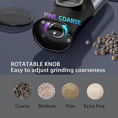 Miniatura 3 de Hemixye Gravity - Molinillo eléctrico de sal y pimienta, funciona con pilas, molinillo automático de sal y pimienta con luz LED, grosor ajustable,