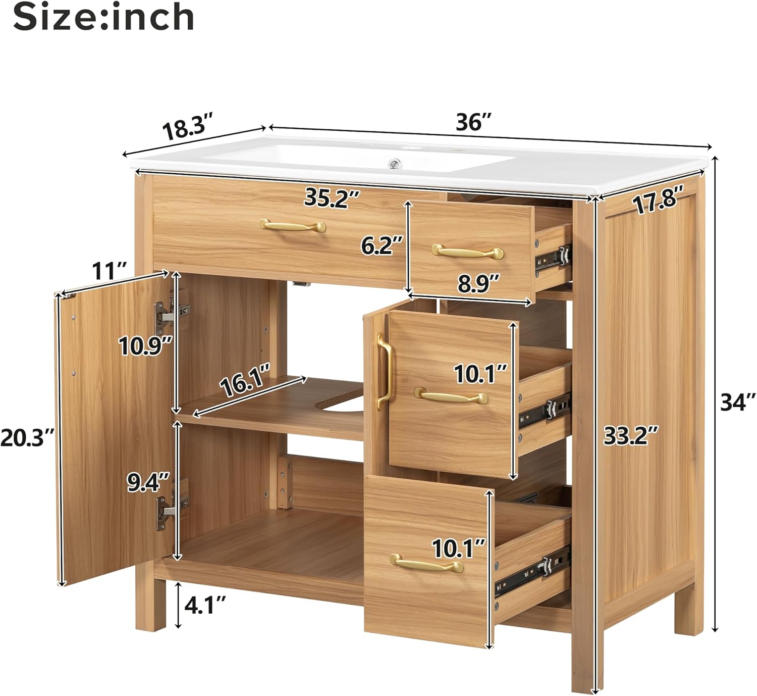 Mirightone 36" Bathroom Vanity with Sink, Bathroom Vanities with Left Offset Sink, 36 Inch Single Sink Bathroom Vanity with Soft-Close Doors & Drawers, Adjustable Shelf (Wood)