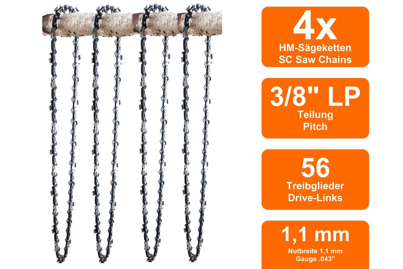 4 Chaînes + guide adapté pour Parkside PKSA 40 Li A1 | 40cm 3/8LP 56M 1,1mm