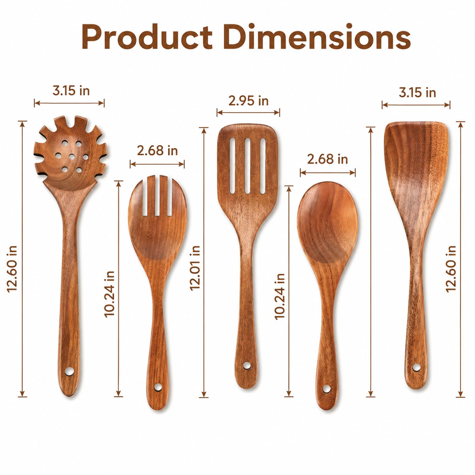 Generisch 5 TLG Holz Kochutensilien Set aus Akazienholz, 32 cm Küchenhelfer mit Pastaheber, Salatgabel, Schaber und Pfannenwender, geeignet für antihaftbeschichtete Pfannen, zum Rühren und Servieren