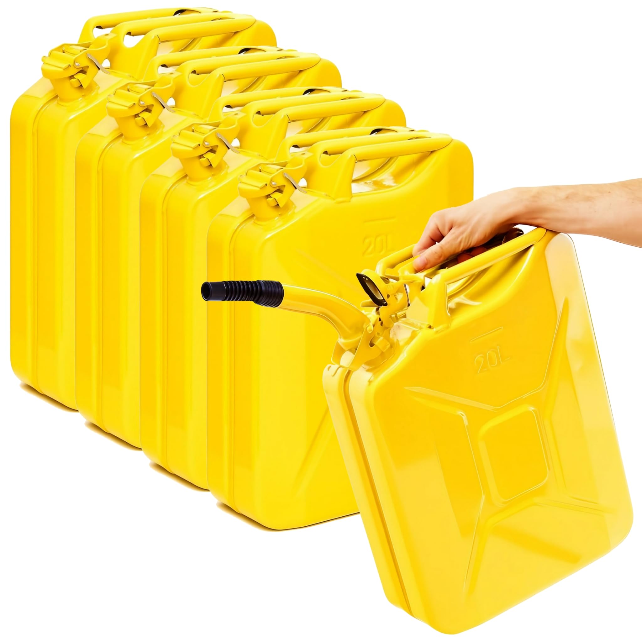 BW® Bidón de combustible de metal para gasolina, 5 x 20 litros, con boquilla Amarillo RAL 1018 Certificado TÜV y homologación UN Fabricado en Europa