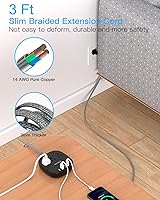 Vista 3 de Regleta de alimentación de enchufe plano, cable de extensión plano de 3 pies, 3 tomas, 4 puertos USB (2 USB-C) estación de carga de escritorio